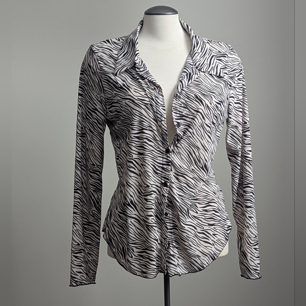Zebra Stripe Sheer Blouse Long Sleeve Button Front Collared Large Animal Print